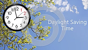 Daylight Saving Time DST. Blue sky with white clouds and clock. Turn time forward +1h