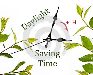 Daylight Saving Time DST. Blue sky with white clouds and clock. Turn time forward +1h