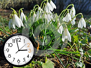 Daylight Saving Time DST. Blue sky with white clouds and clock. Turn time forward +1h