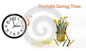 Daylight Saving Time DST. Blue sky with white clouds and clock. Turn time forward +1h