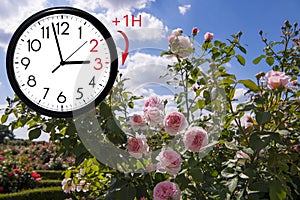 Daylight Saving Time DST. Blue sky with white clouds and clock. Turn time forward +1h
