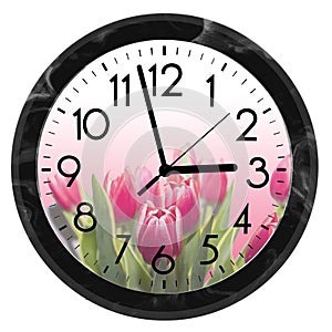 Daylight Saving Time. DST. Wall Clock going to winter time. Turn time forward. Abstract photo of changing time at spring