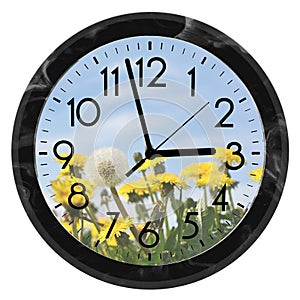 Daylight Saving Time. DST. Wall Clock going to winter time. Turn time forward. Abstract photo of changing time at spring photo