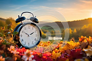 Daylight saving time ends. Alarm clock on beautiful nature background with summer flowers and autumn leaves. Summer time
