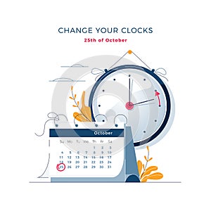 Daylight Saving Time ends concept. The hand of the clocks turning to winter time. Calendar with marked date, text Change