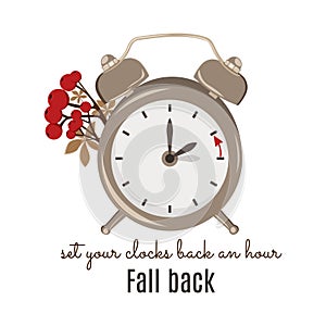 Daylight saving time ends. Fall back change clocks. Vector illustration with a clock turning an hour back. Clocks with autumn