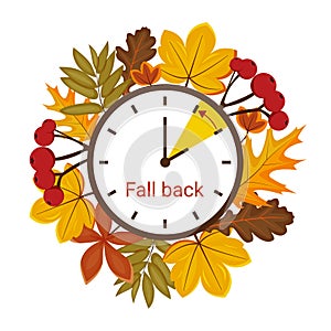 Daylight saving time ends. Fall back change clocks. Vector illustration with a clock turning an hour back. Clocks in a frame of