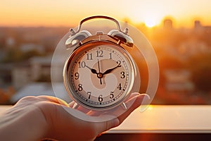 Daylight saving time ends. Hand holding alarm clock on beautiful autumnal city landscape. Summer time end and fall