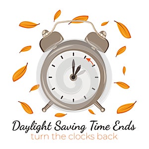 Daylight Saving Time ends. Turn your clock back. Autumn landscape with text Fall Back, the hand of the clocks turning to winter