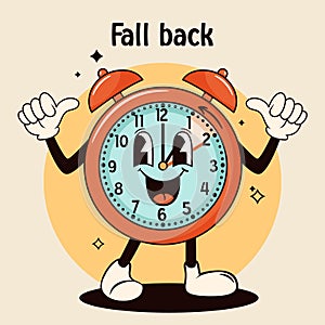 Daylight saving time, fall back illustration. Groovy watch, clock. Vector illustration.