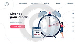 Daylight saving time homepage template. Woman sets the clocks forward by an hour, as dst time begins. Change your clocks photo