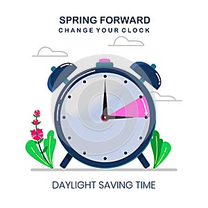 Daylight Saving Time Illustration, Spring Forward on 14 March, Change Your Time, with Clock Object, The Clocks Moves Forward