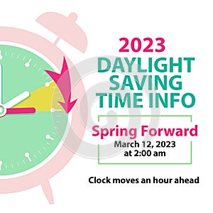 Daylight Saving Time Info Banner. Spring Forward concept with clock and moves arrow an hour ahead