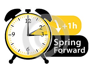 Daylight saving time. Spring forward alarm clock icon.