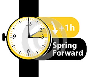 Daylight saving time. Spring forward watch icon.