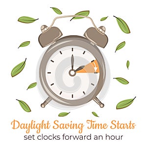 Daylight Saving Time starts in pastel colored concept with green leaves. Alarm-clock with hand points forward. Minimalistic poster