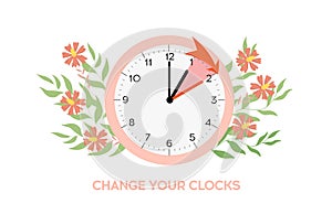 Daylight saving time starts. Spring forward on one hour ahead. Moving the time one hour forward at spring, march