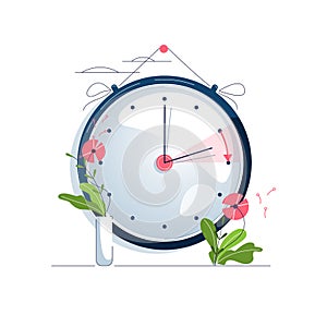 Daylight Saving Time vector illustration. The clocks moves forward one hour to daylight-saving time. Turning to summer