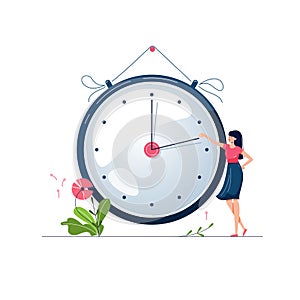 Daylight saving time vector illustration. Woman turns the hand of the clock forward by an hour. Turning to summer time