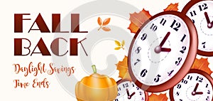 Daylight Savings Time Ends, wall clock with dry leaves background