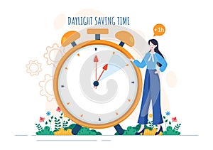 Daylight Savings Time Hand Drawn Flat Cartoon Illustration with Alarm Clock or Calendar from Summer to Spring Forward Design