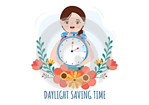 Daylight Savings Time Hand Drawn Flat Cartoon Illustration with Alarm Clock or Calendar from Summer to Spring Forward Design