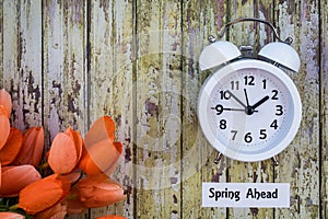 Daylight Savings Time Spring Ahead concept top down view with white clock and orange tulips