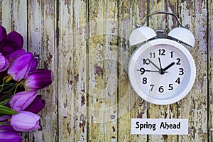 Daylight Savings Time Spring Ahead concept top down view with white clock and purple tulips