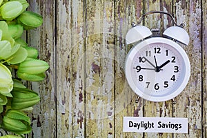 Daylight Savings Time Spring concept top down view with white clock and green tulips