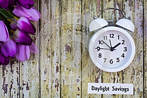 Daylight Savings Time Spring concept top down view with white clock and purple tulips