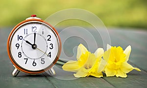 Daylight savings time, spring forward - alarm clock and easter flowers photo