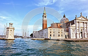 Daylight view from boat to San Giorgio Maggiore church with orna