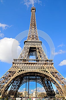 Daylight view of the Eiffel Tower (La Tour Eiffel), is an iron lattice tower located on the Champ de Mars