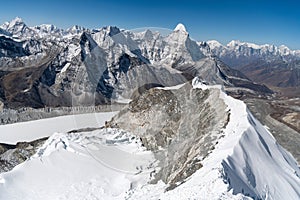 Daylight view of Mount Everest, Lhotse and Nuptse and the rest of Himalayan range from air. Sagarmatha National Park