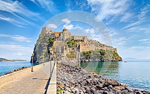 Daylight view of Aragonese Castle near Ischia island, Italy