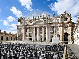 Daylight View of St. Peter\'s Basilica with Empty Chairs