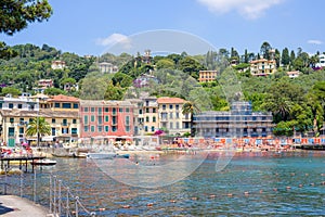 Daylight view to Rapallo city, beachline, mountains and sky