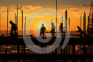 Daylight wanes as construction workers continue their tasks, framed by the setting sun