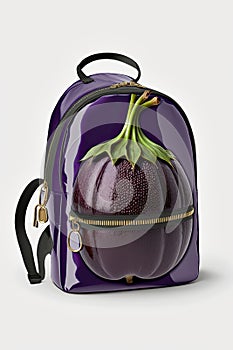 Daypack with purple aubergine vegetable design. Shoulder bag, elegant unusial leather luxury ornate leather bag, AI generative