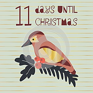 11 Days until Christmas vector illustration. Christmas countdown eleven days til Santa. Vintage Scandinavian style. Hand drawn photo
