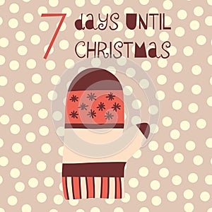 7 Days until Christmas vector illustration. Christmas countdown seven days til Santa. Vintage Scandinavian style. Hand drawn photo