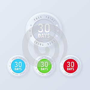 30 days free trial button in 3d style. vector illustration. Free trial badges, icon set. Vector certificate icon. Vector