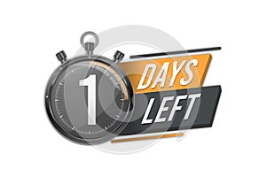 1 Days left vector. 1 Days to go red and black Countdown timer design. Stopwatch Time