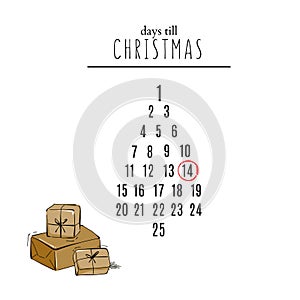 Days till Christmas countdown with hand-drawn gifts and calendar greeting invitation, advertising, social media post, blog article