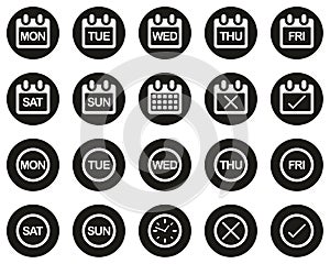 Days Of The Week Icons White On Black Flat Design Circle Set Big