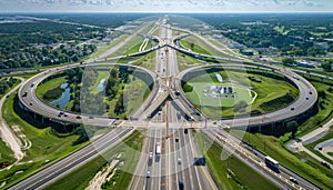 Daytime aerial view of busy highway intersection with vehicle traffic