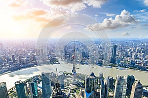 Daytime aerial view and skyline of Shanghai cityscape