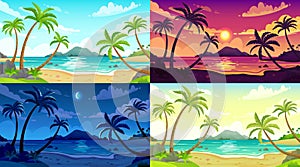 Daytime beach landscape. Sunny day seascape, night ocean and sunset beach cartoon vector illustration set photo