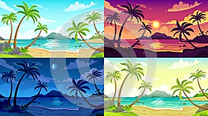 Daytime beach landscape. Sunny day seascape, night ocean and sunset beach cartoon vector illustration set