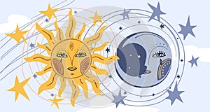Daytime blue sky background, sun face symbol and moon face. Magic banner for astrology with stars. Celestial card for